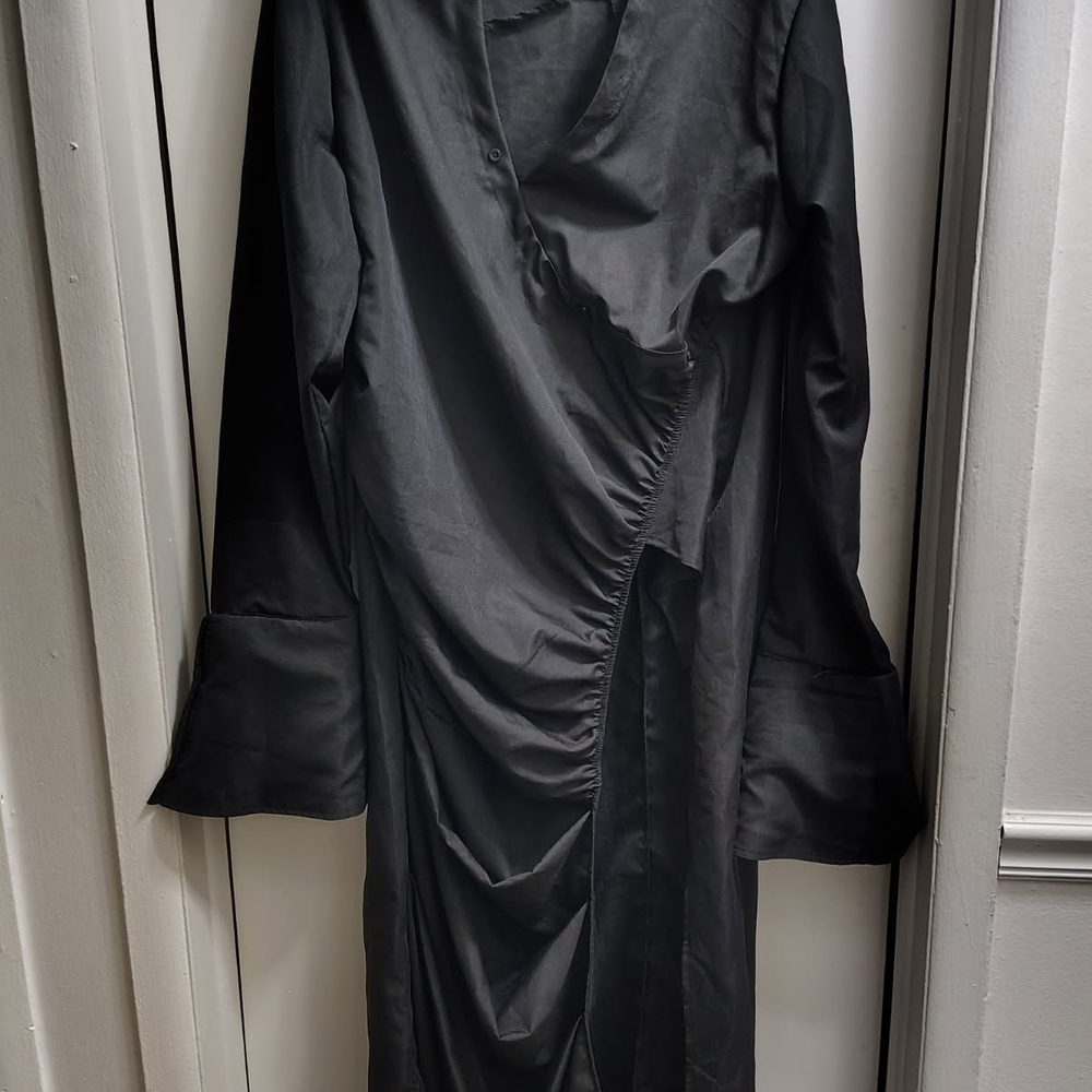 Black Asymmetrical Long Shirt with Bell Sleeves
